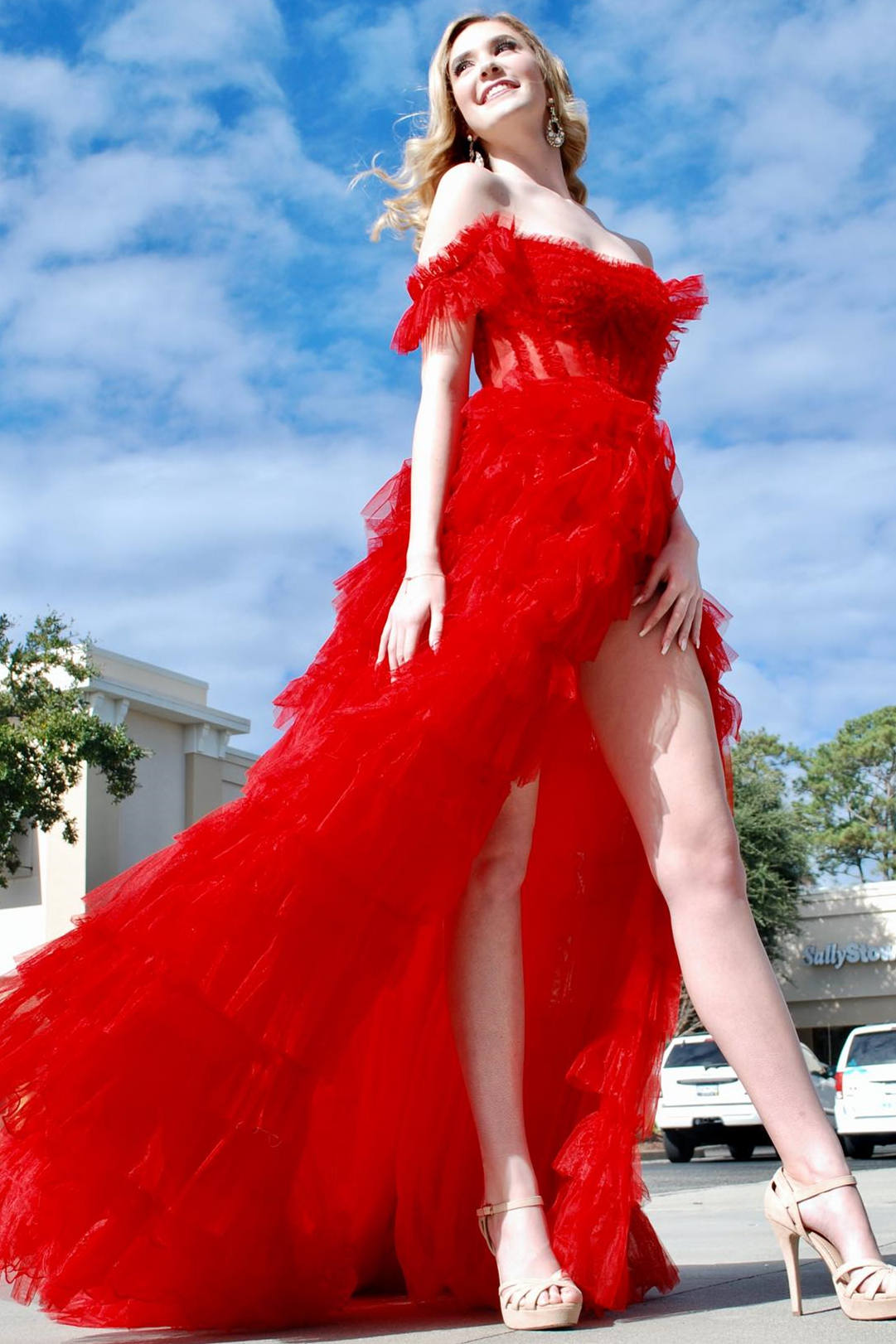 A  Line Off the Shoulder Ruffle Tiered Tulle Prom Dress with Slit