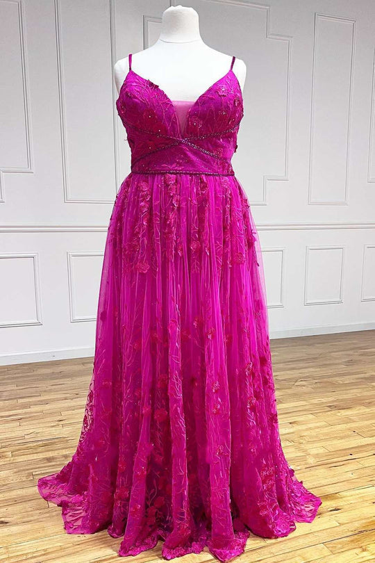 A  Line Plus Size  V Neck Floral Prom Dresses With Slit