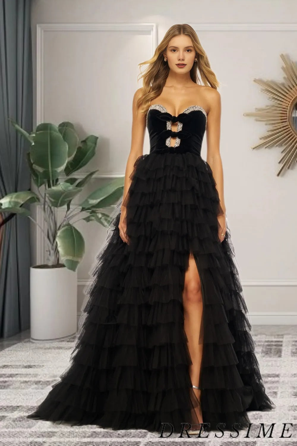 A  Line Strapless Bow Ruffle Tiered Long Prom Dress with Slit