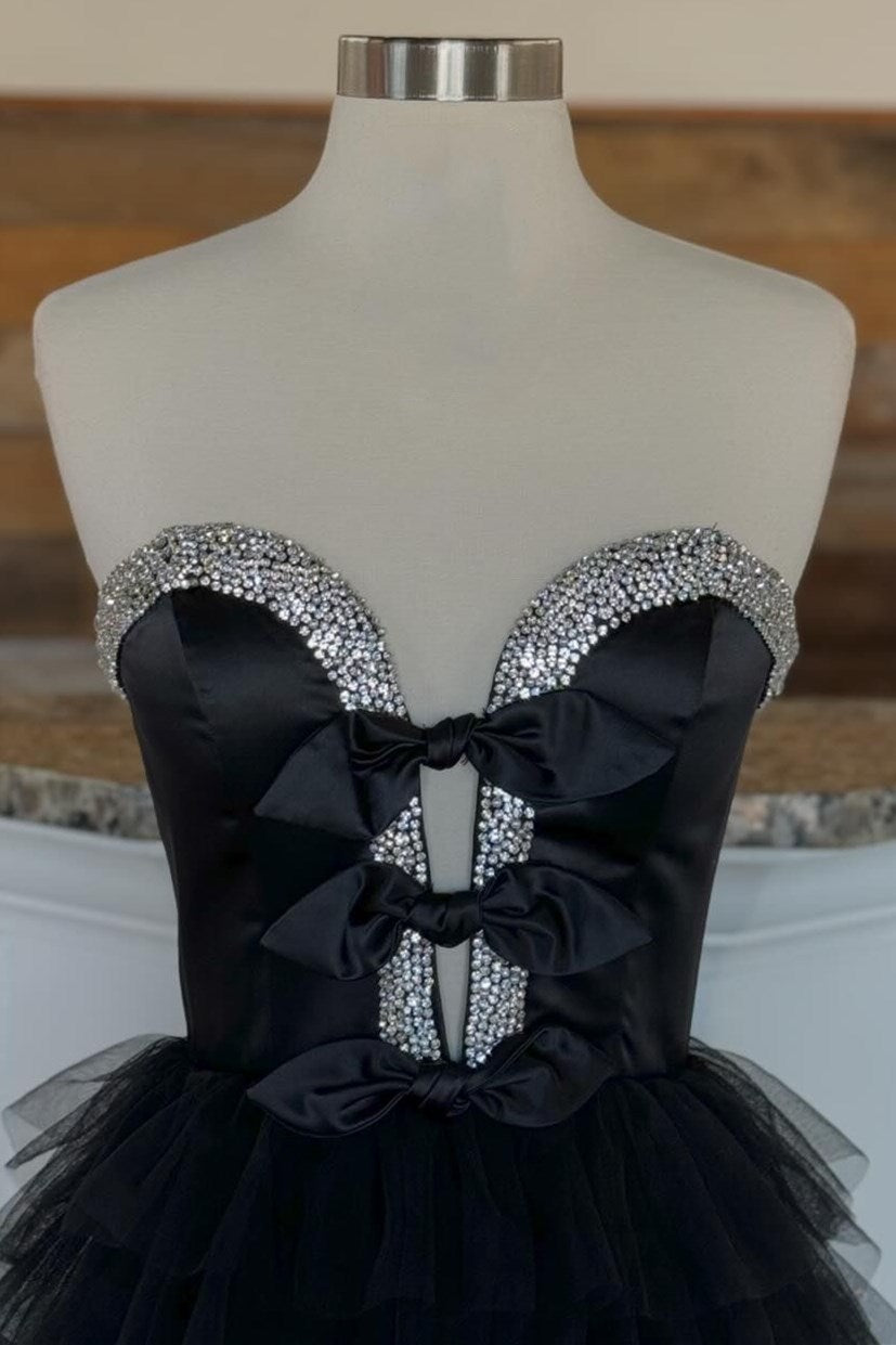 A  Line Strapless Bow Ruffle Tiered Long Prom Dress with Slit