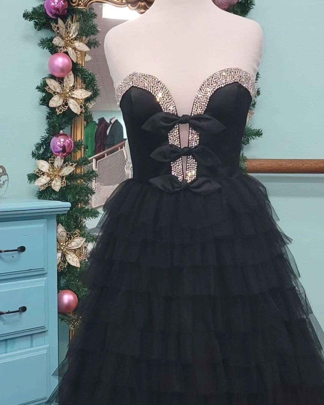 A  Line Strapless Bow Ruffle Tiered Long Prom Dress with Slit