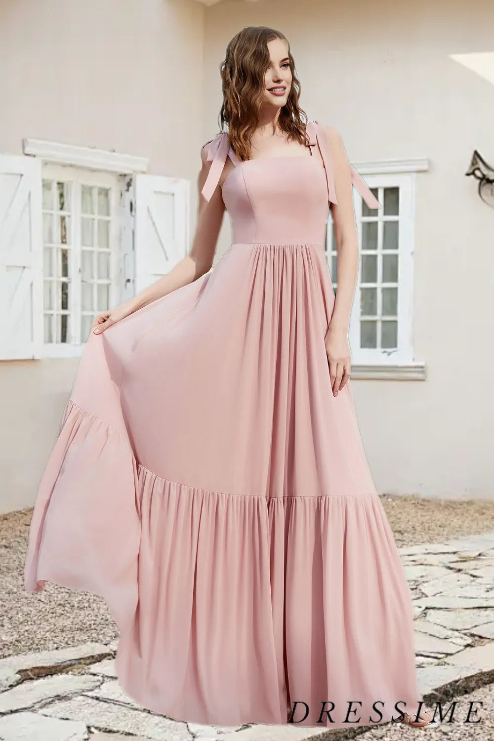 Casual A Line Straps Chiffon Ruffled Long Bridesmaid Dress With Slit