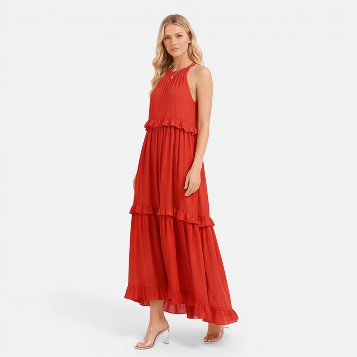 Halter Neck Tiered Ruffle Maxi Dress