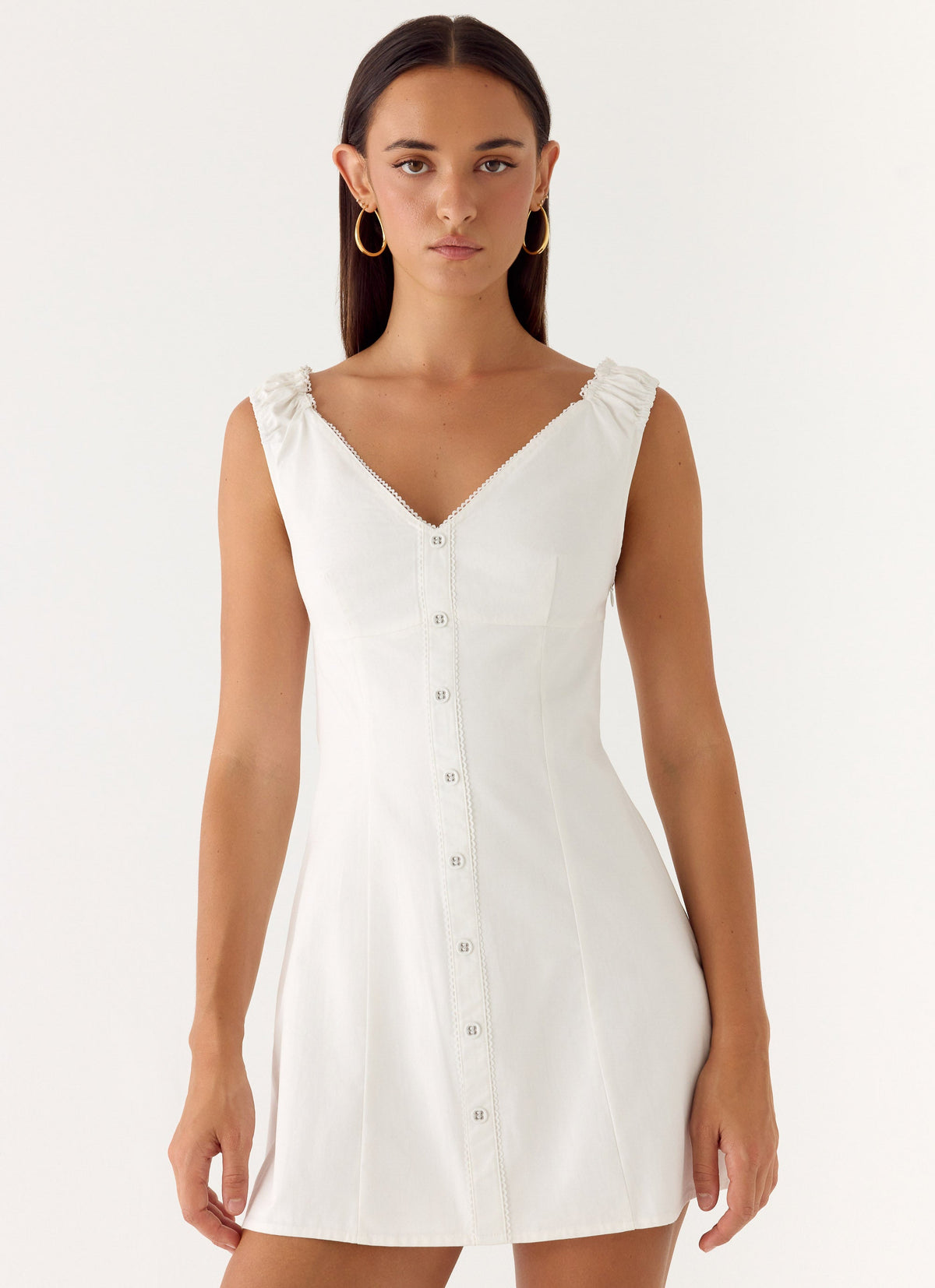 V-Neck Ruched Strap Button Front A-Line Mini Dress