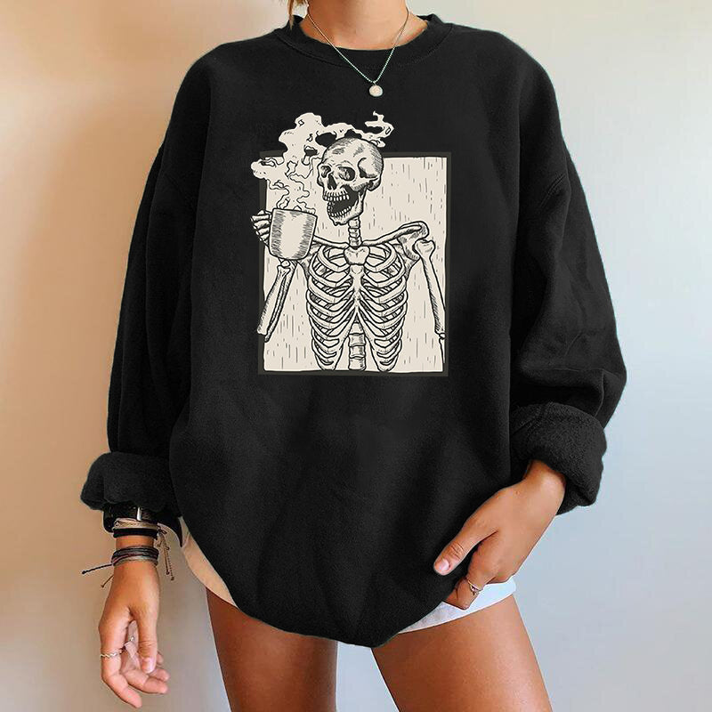 Crew Neck Long Sleeve Skeleton Coffee Graphic Oversized Sweatshirt