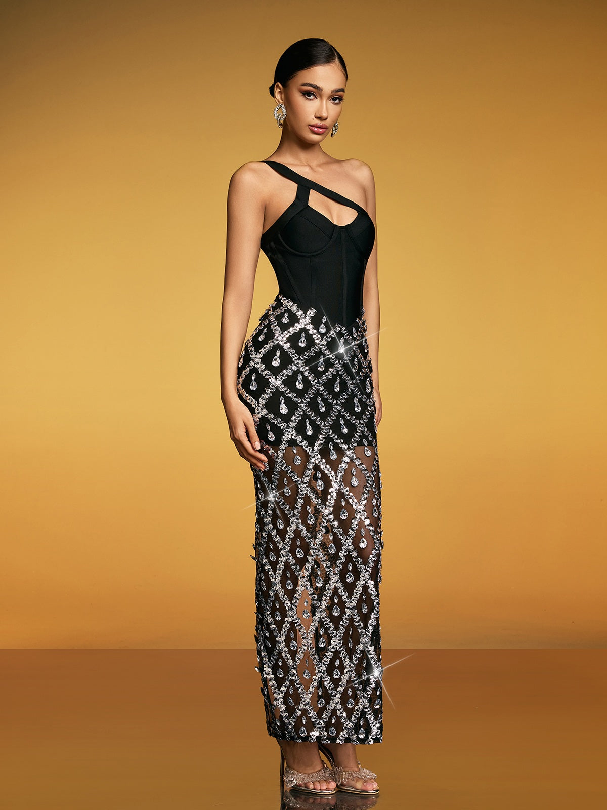 Sequin Crystal Split Bandage Maxi Dress - View 3