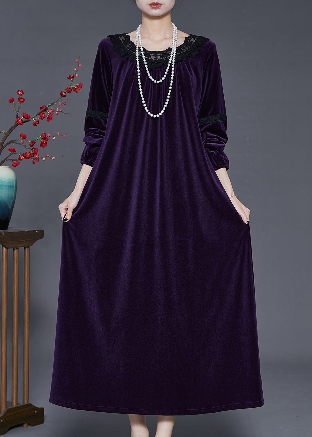Velvet Lace Trim Round Neck Long Sleeve Lace Inset Gathered Cuff Maxi Dress