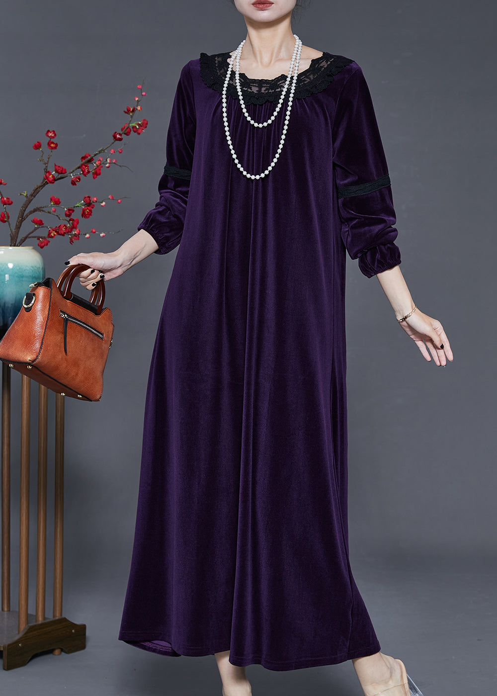 Velvet Lace Trim Round Neck Long Sleeve Lace Inset Gathered Cuff Maxi Dress