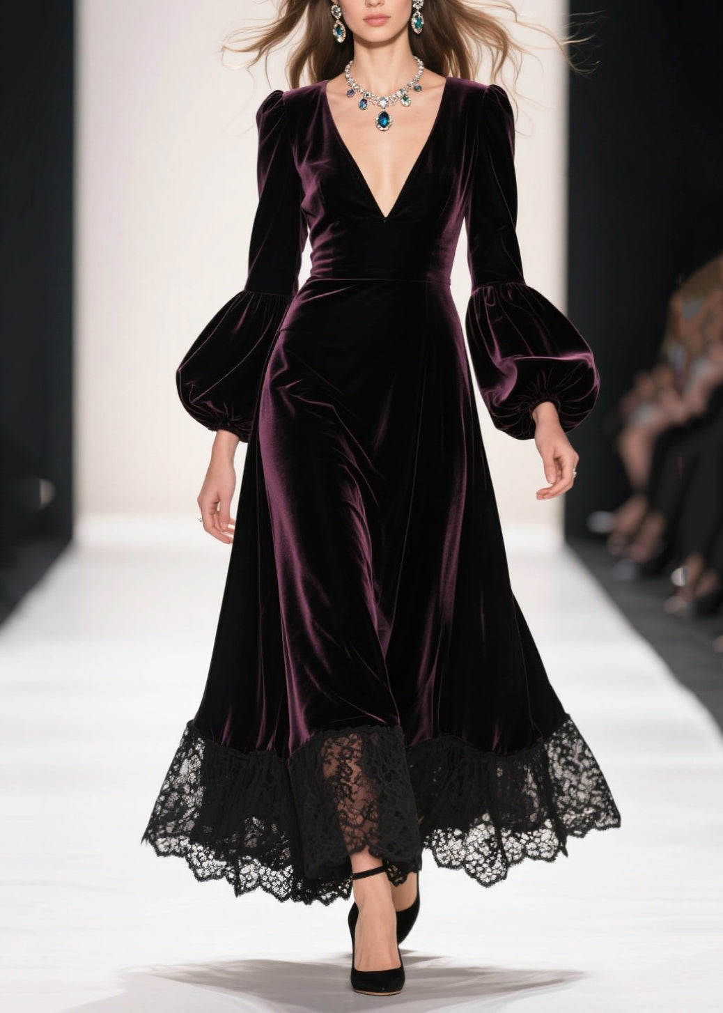 Velvet Deep V-Neck Lantern Sleeve Lace Hem A-Line Maxi Dress