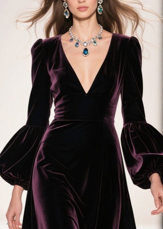 Velvet Deep V-Neck Lantern Sleeve Lace Hem A-Line Maxi Dress 2