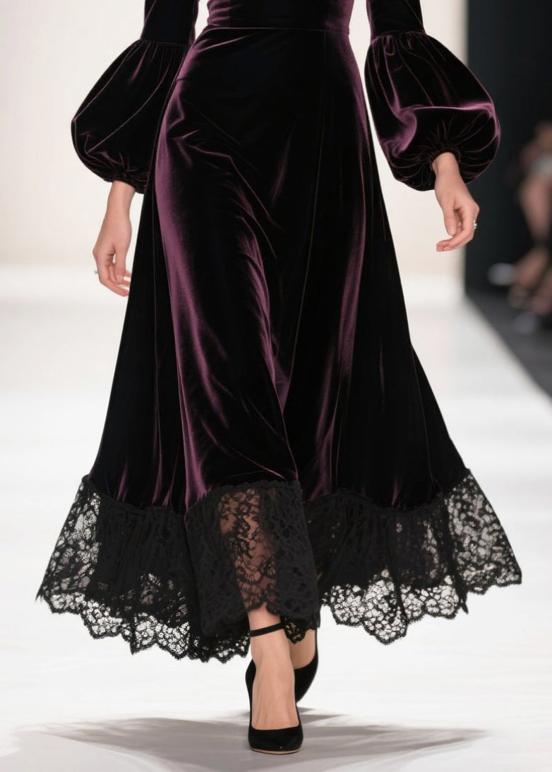 Velvet Deep V-Neck Lantern Sleeve Lace Hem A-Line Maxi Dress 4