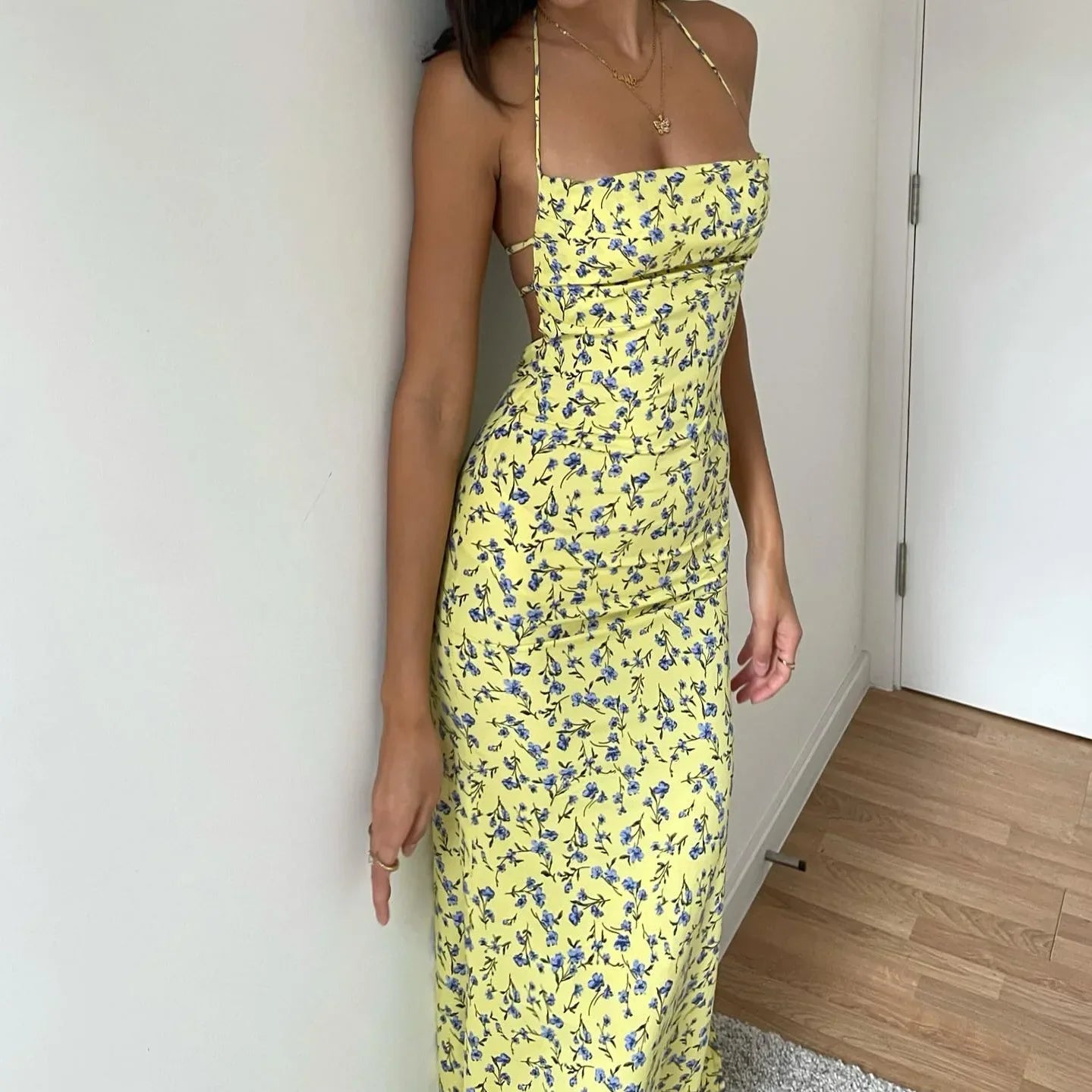 Lace Up Floral Halter Bodycon Midi Dress