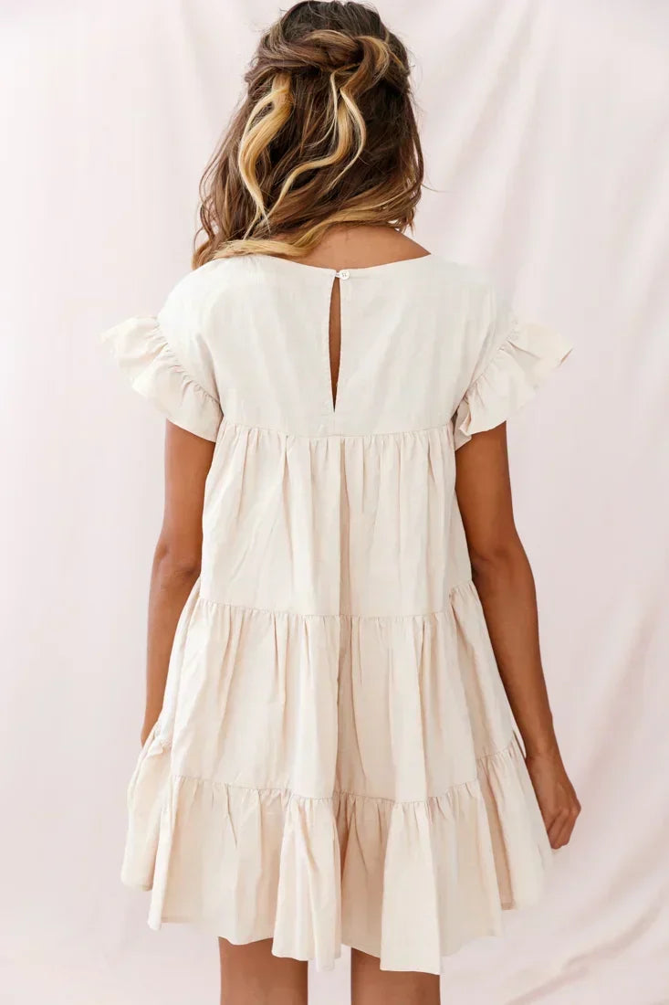 Crew Neck Flutter Sleeve Tiered Ruffle Babydoll Mini Dress 3
