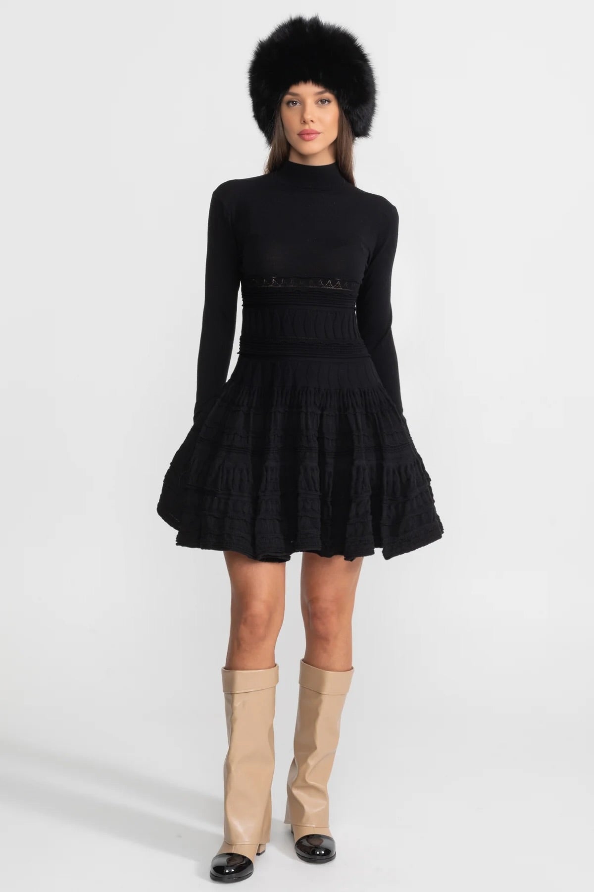 Mock Neck Long Sleeve Textured Knit Tiered Fit and Flare Mini Dress