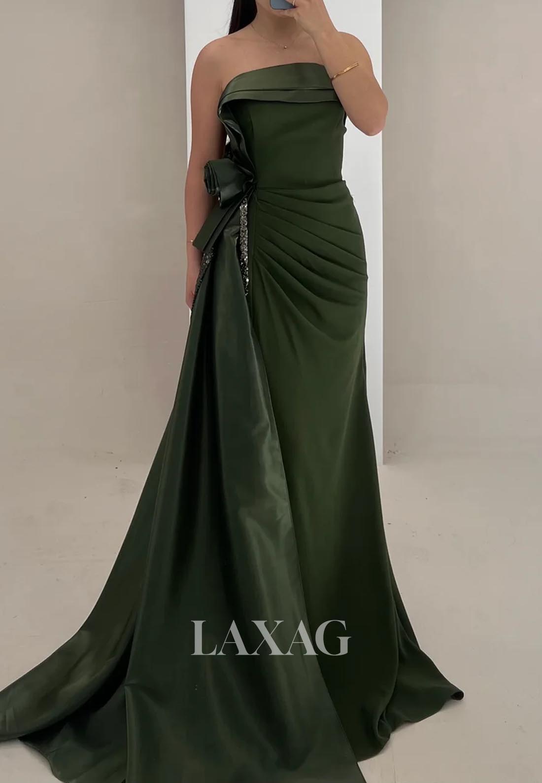 Sleeveless Off-Shoulder Pleated Satin Formal Gowns Tube Top Sweep Train Mermaid Evening Dress