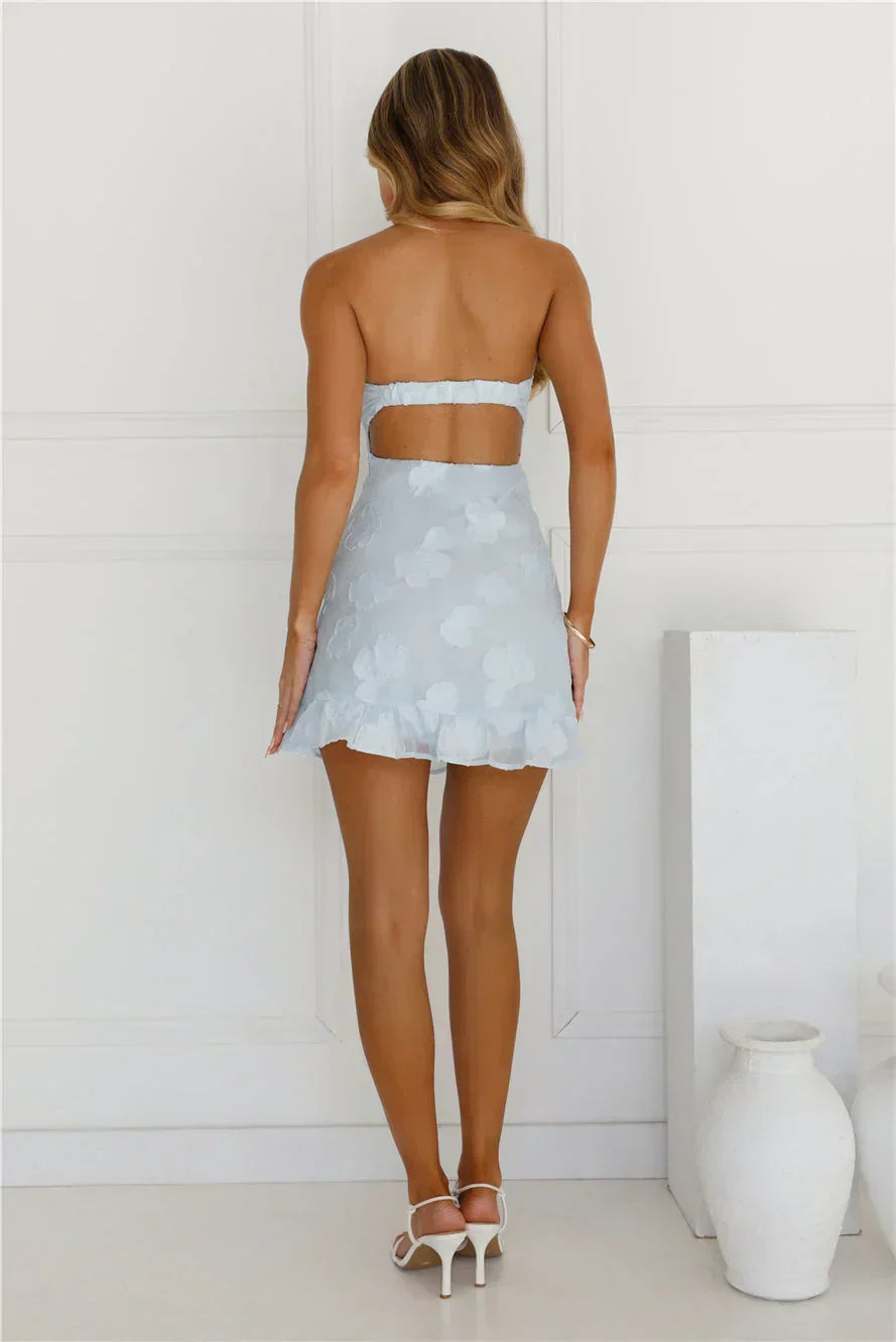 Floral Applique Strapless Tie Front Ruffle Hem Mini Dress 6