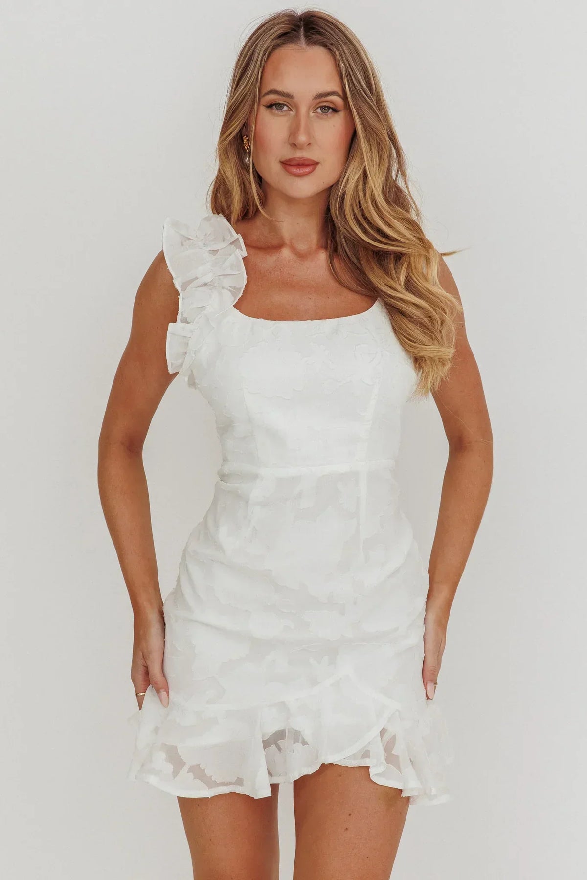 Burnout Floral Ruffle Shoulder Square Neck Ruffle Hem Mini Dress 5
