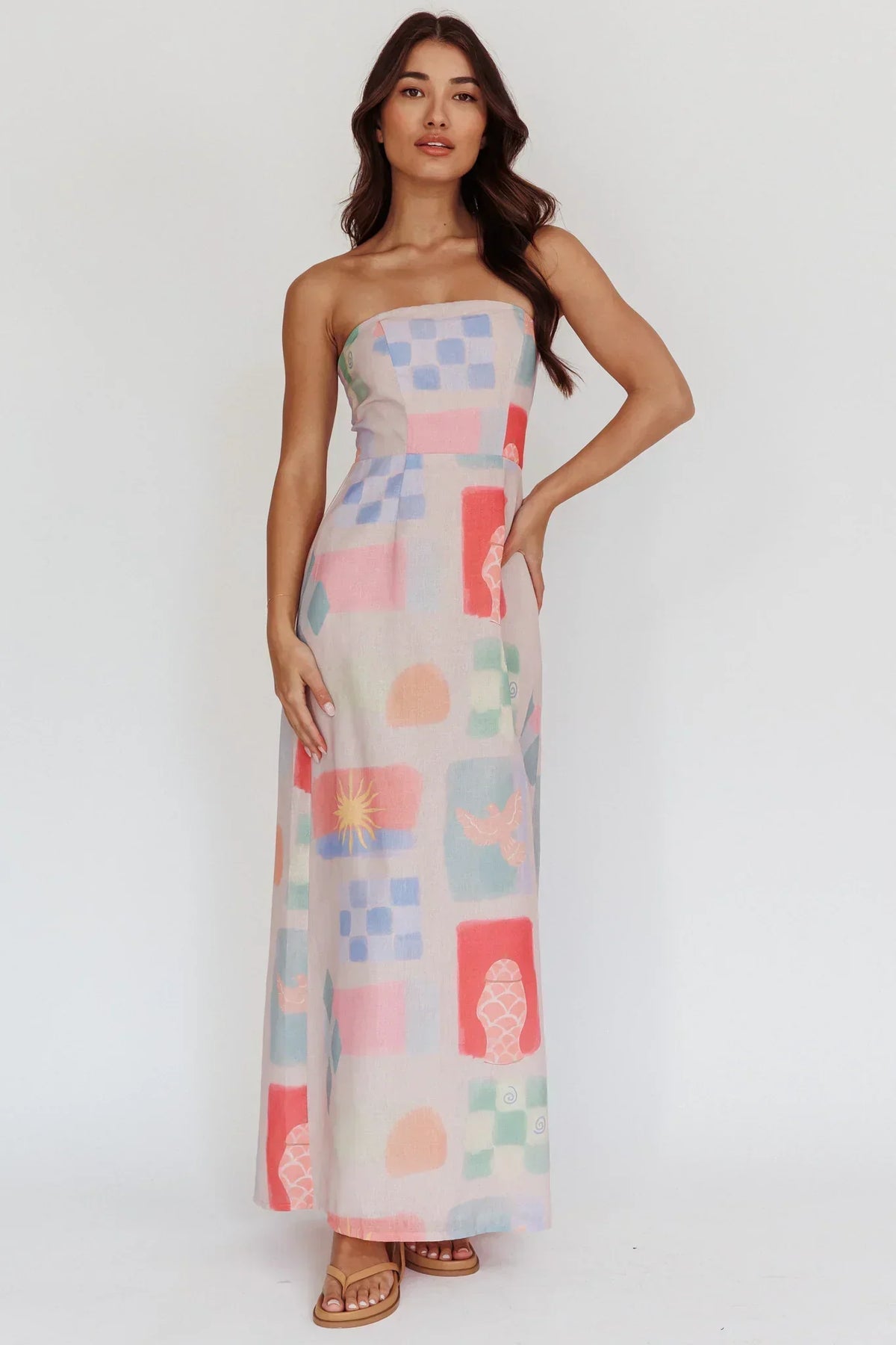 Abstract Print Strapless Straight Neck Column Maxi Dress