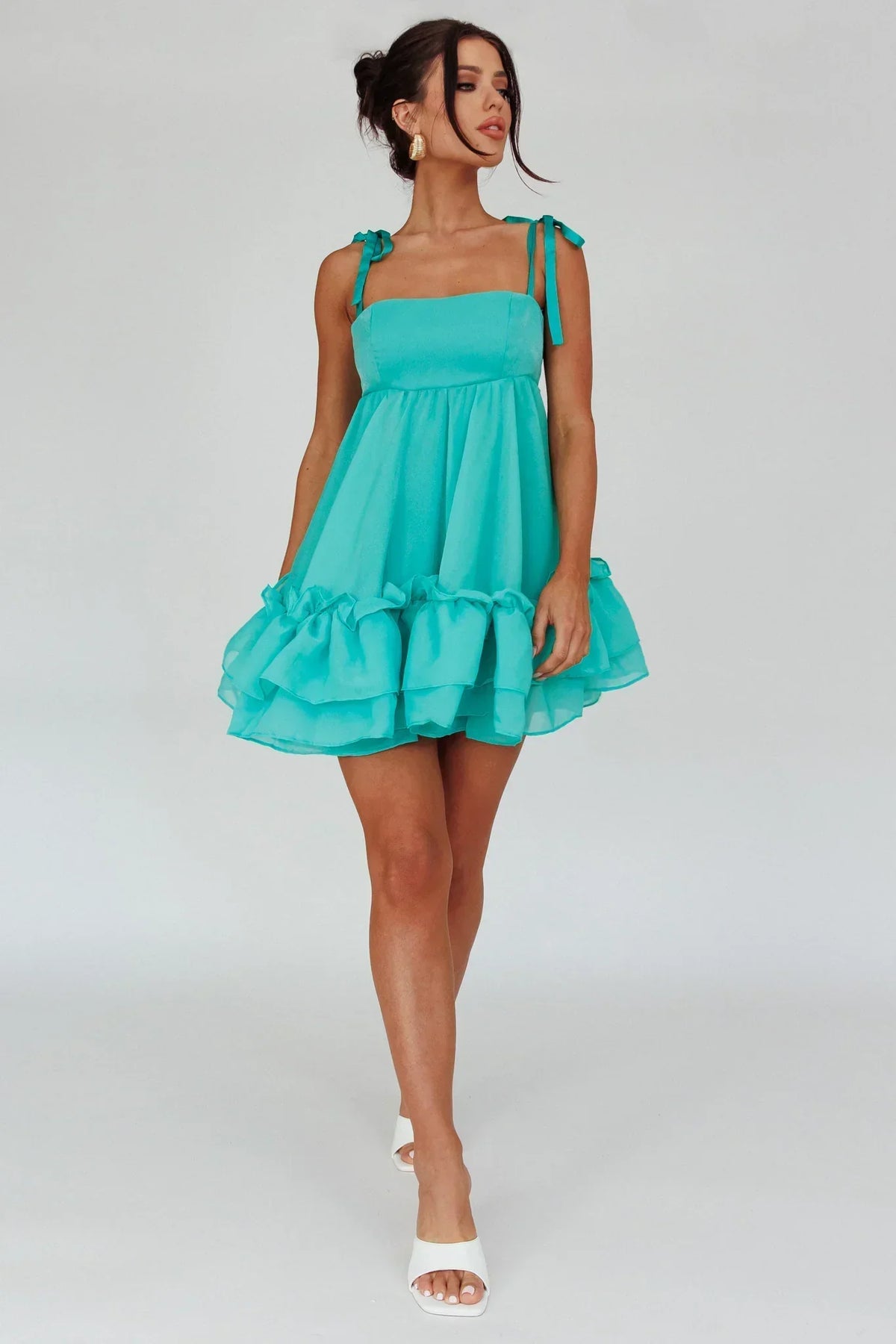 Square Neck Tie Shoulder Babydoll Layered Ruffle Hem Mini Dress 5