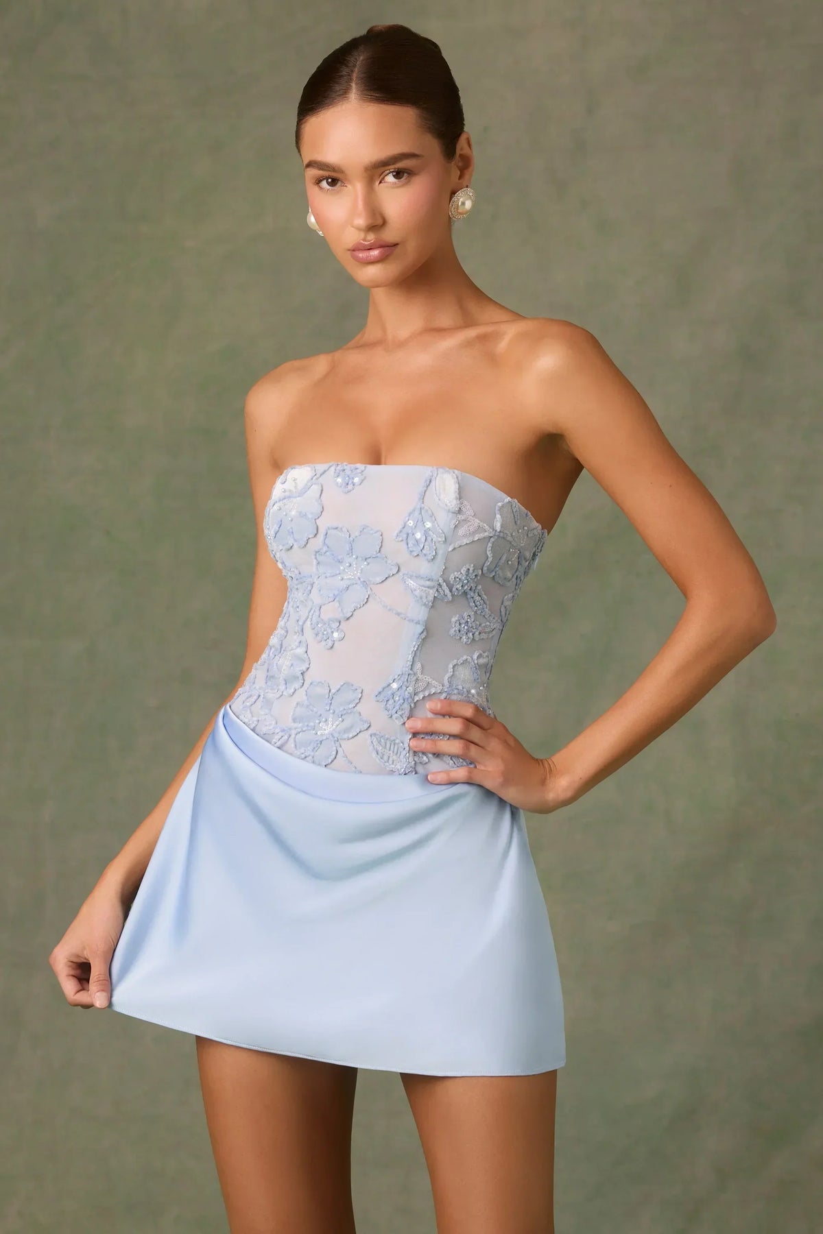 Embellished Draped Strapless A-Line Mini Dress in Sky Blue