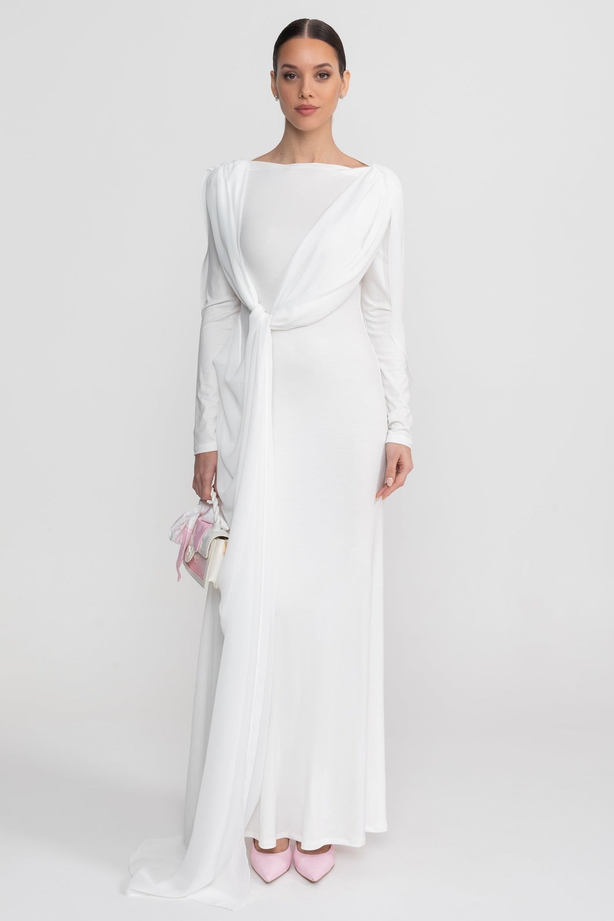 Boat Neck Long Sleeve Draped Knot Front Sash Maxi Dress