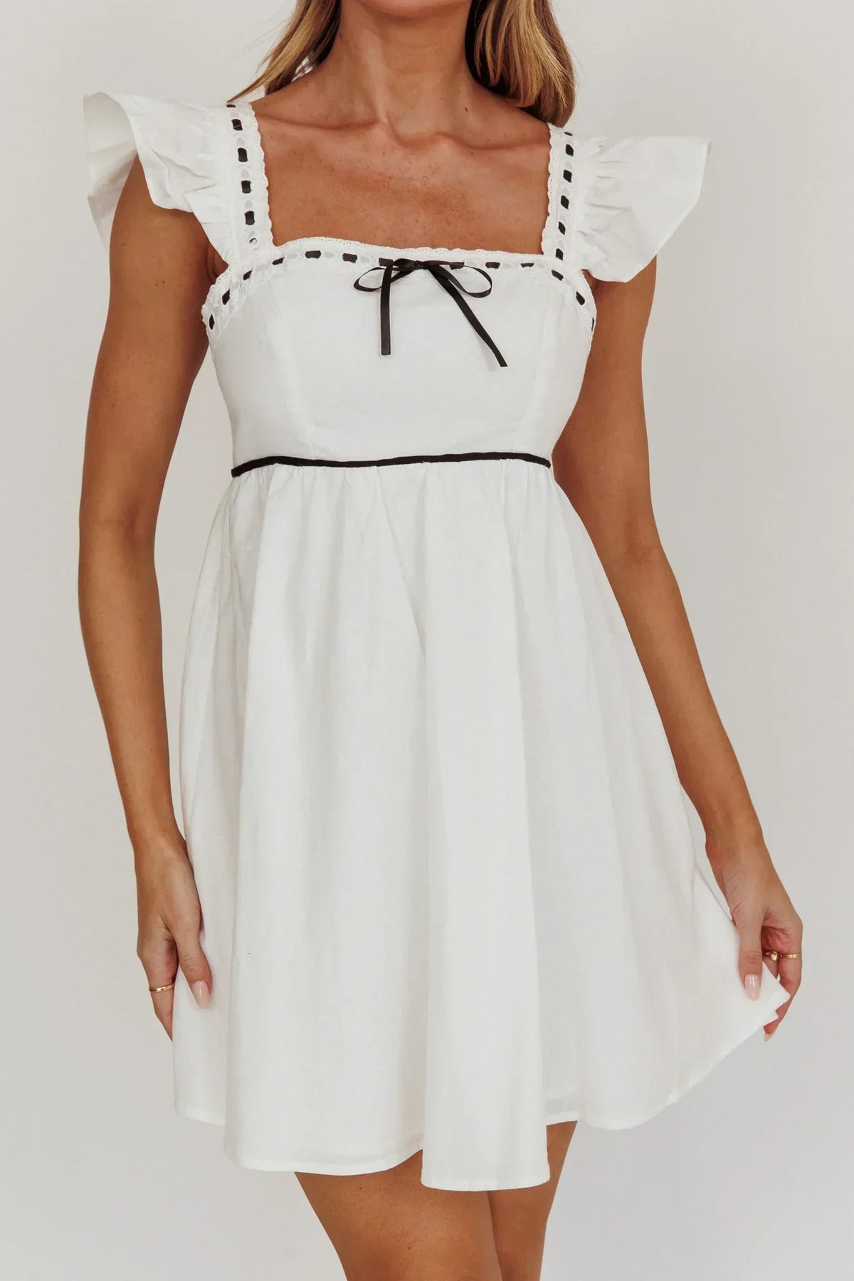 Contrast Trim Square Neck Flutter Sleeve Bow Babydoll Mini Dress 4