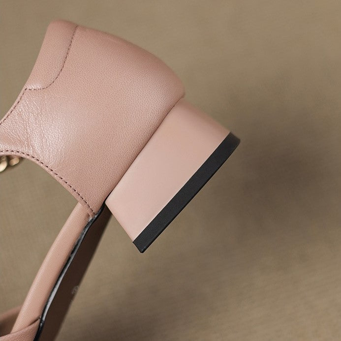 Square Toe Metal Buckle Ankle Strap Block Heel Mary Jane Pumps