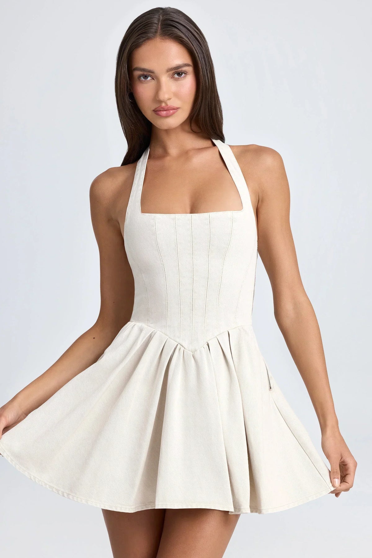 Halter Square Neck Corset Bodice Pleated Skater Mini Dress