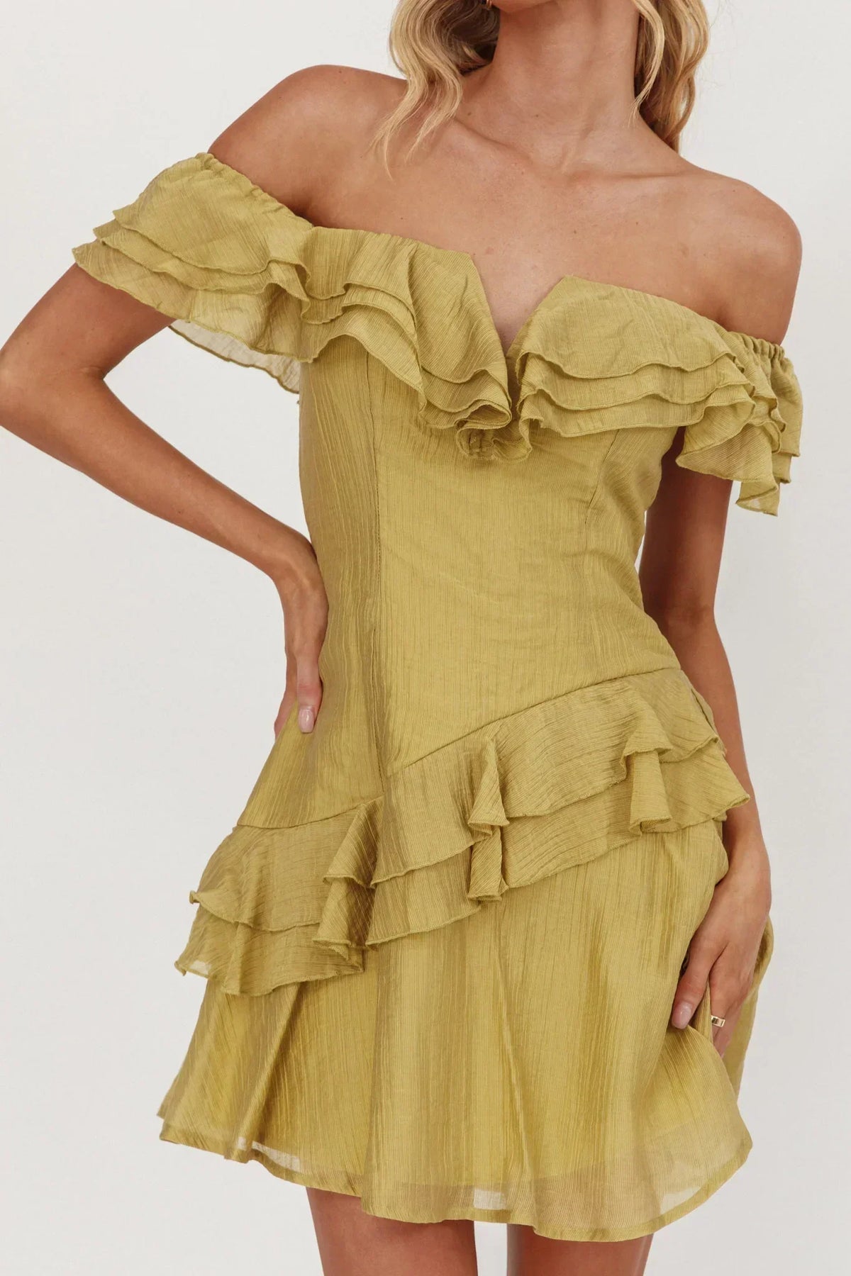 Off Shoulder Layered Ruffle Asymmetric Tiered Mini Dress 3