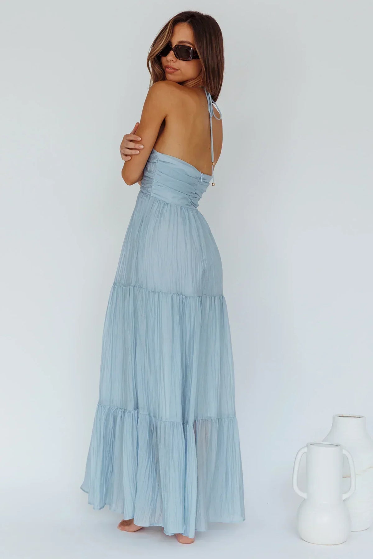 Ruched Halter Neck Keyhole Tiered Maxi Dress 2