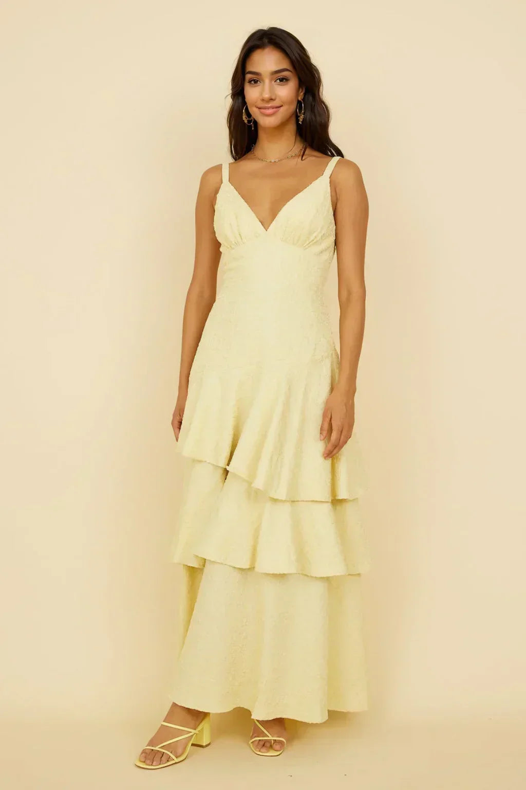 Textured V-Neck Cami Ruched Bust Tiered Ruffle Maxi Dress 3