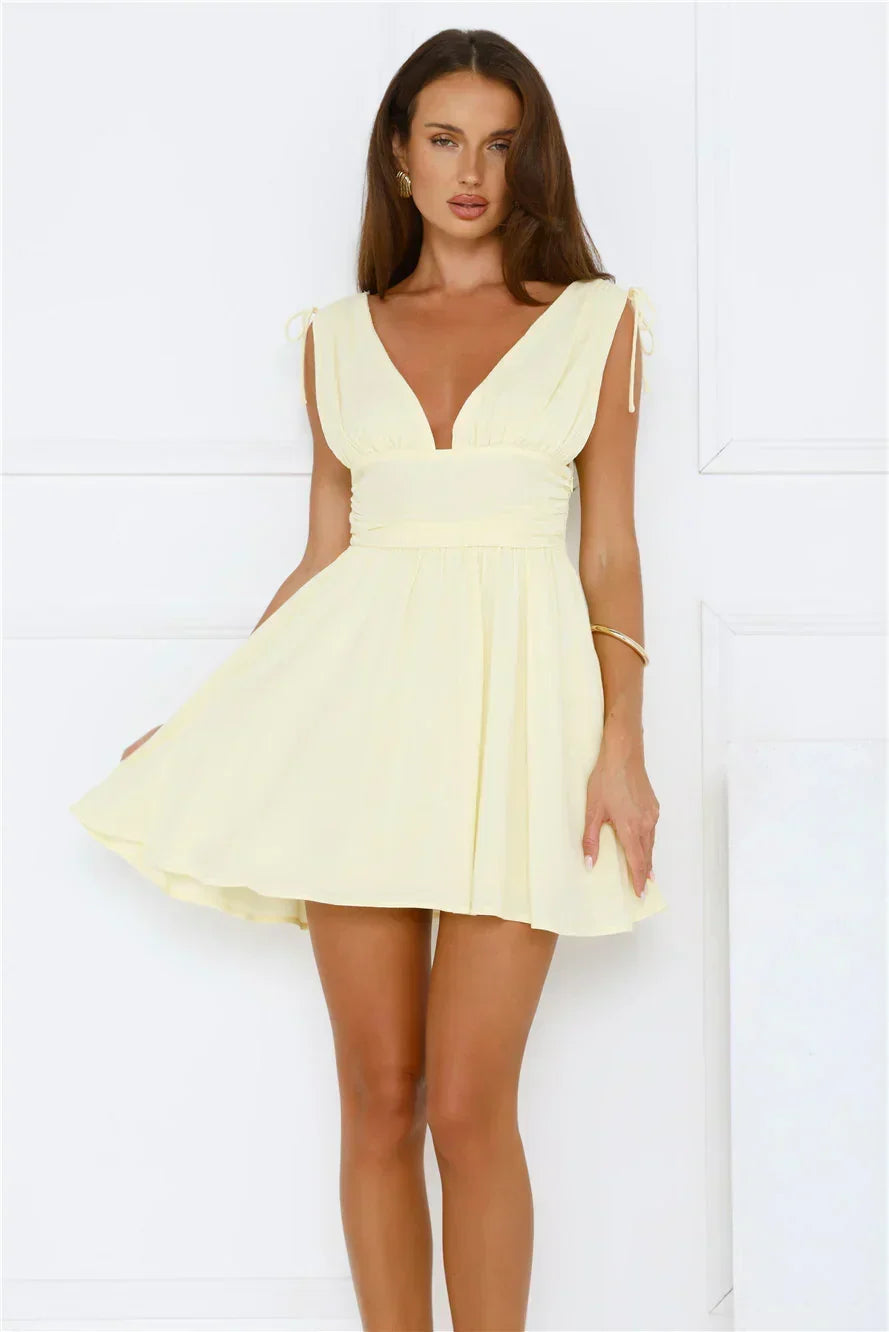 Deep V-Neck Tie Shoulder Ruched Waist Skater Mini Dress