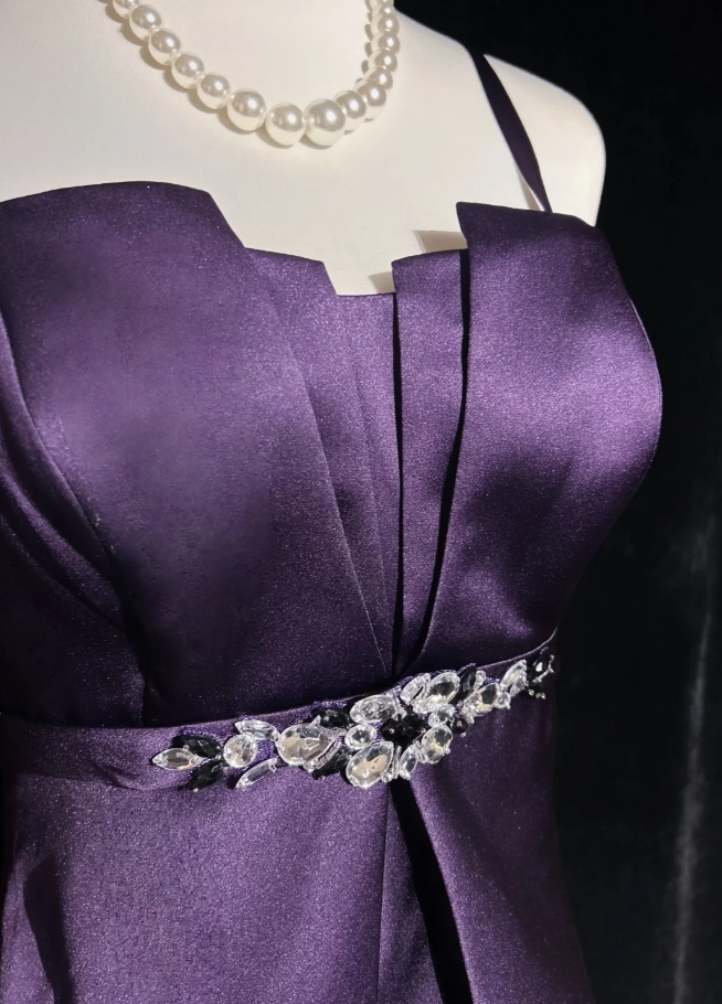 Fashion Spaghetti Straps Purple Satin Beaded A Line Short Birthday Outfits Homecoming Dress D1993