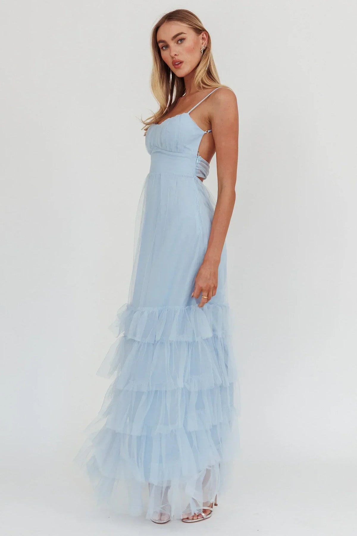 Tulle Spaghetti Strap Ruched Bust Tiered Ruffle Maxi Dress 4