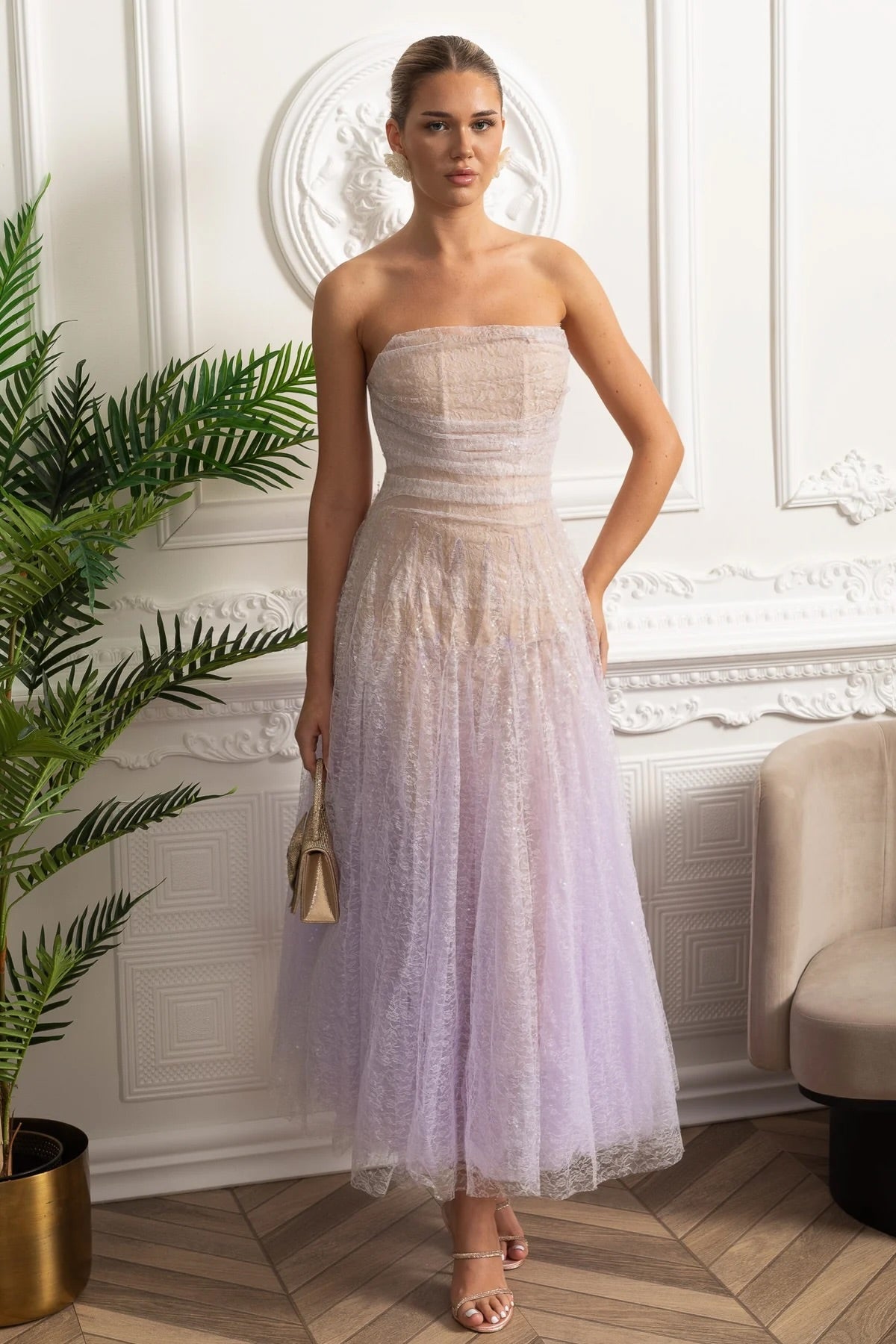 Strapless Ombre Lace Tulle A-Line Midi Dress 2