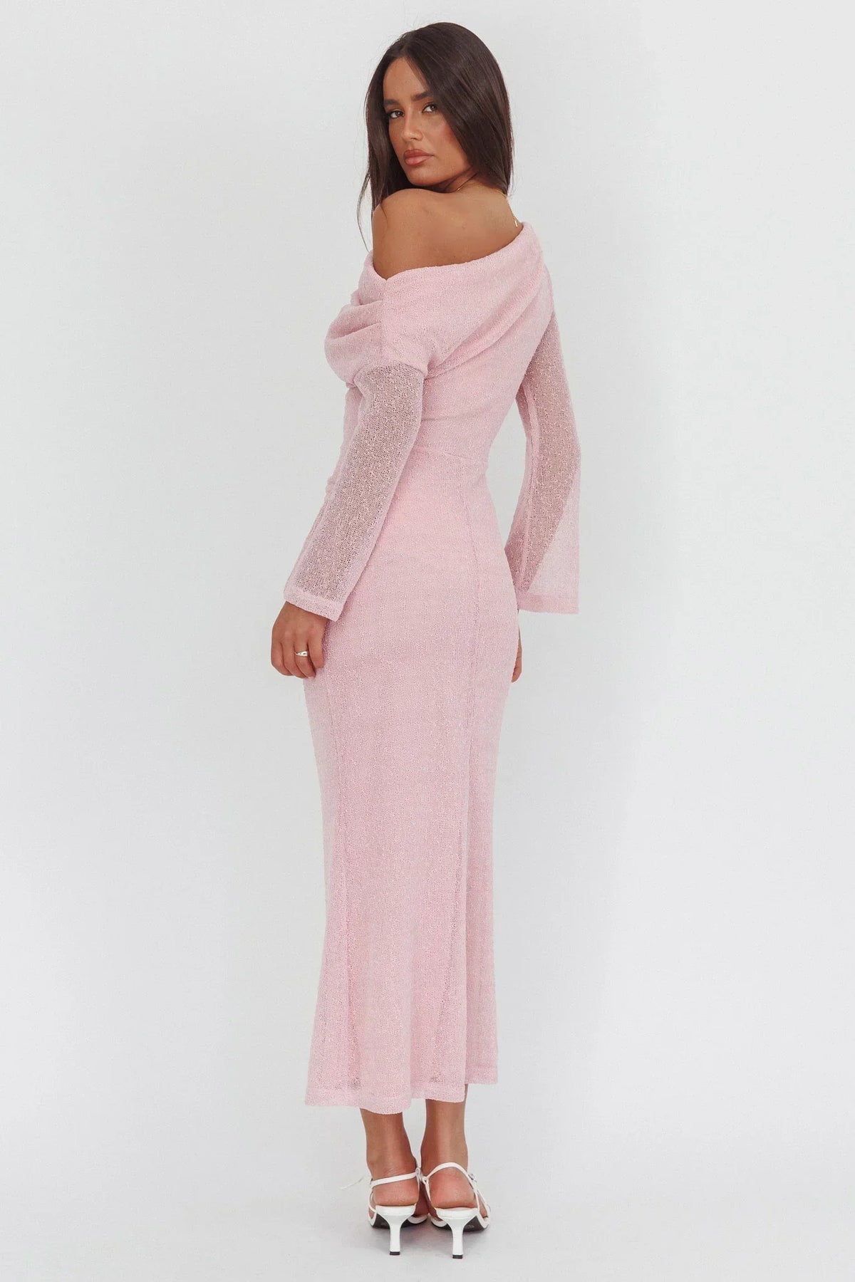 Sheer Knit Off Shoulder Long Sleeve Ruched Side Maxi Dress 2
