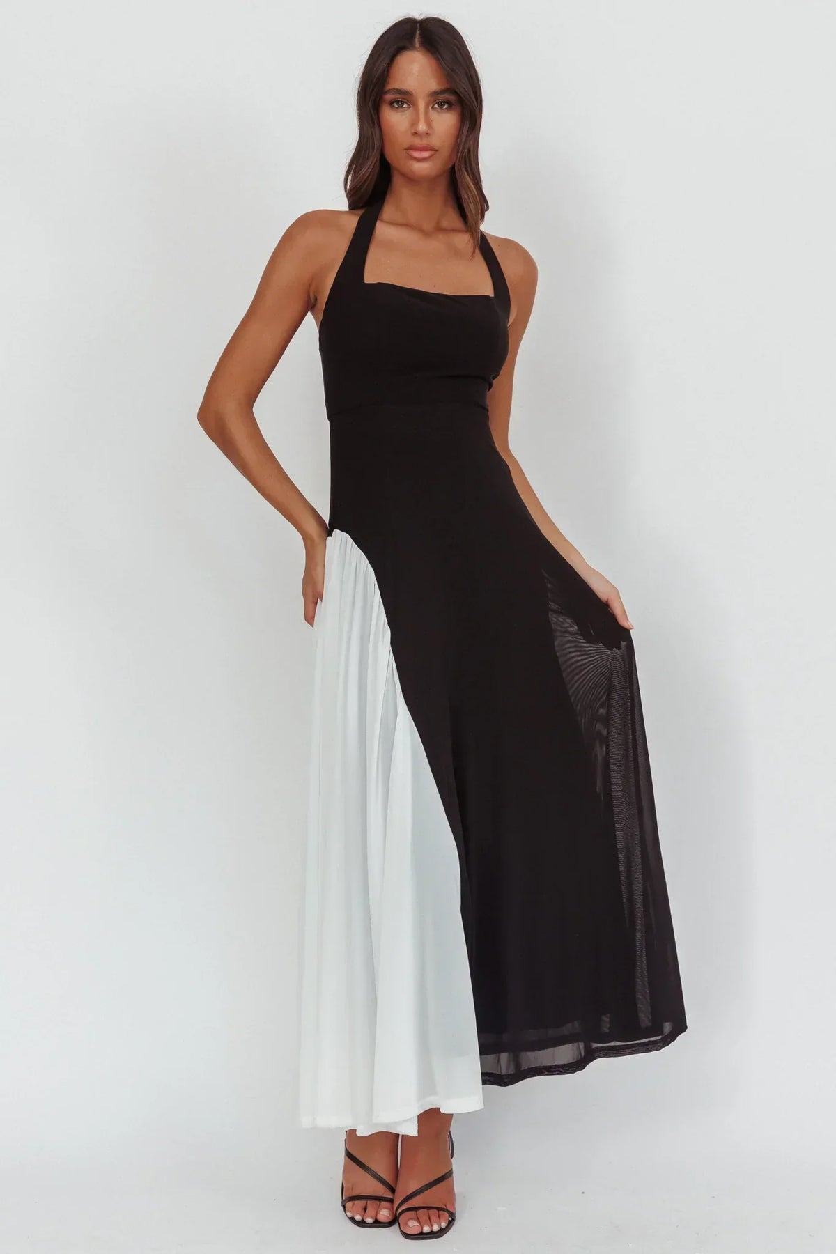 Lira Contrast Halter Maxi Dress Black White