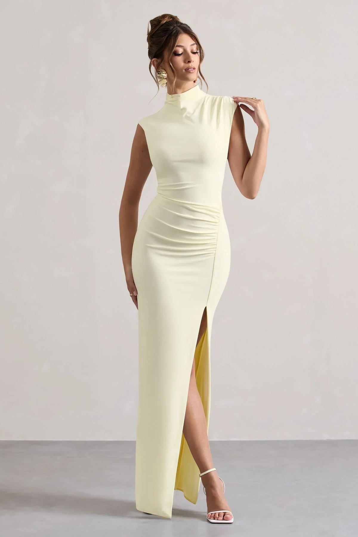 Lanetta | Cream Ruched High-Neck Maxi Dress With Split