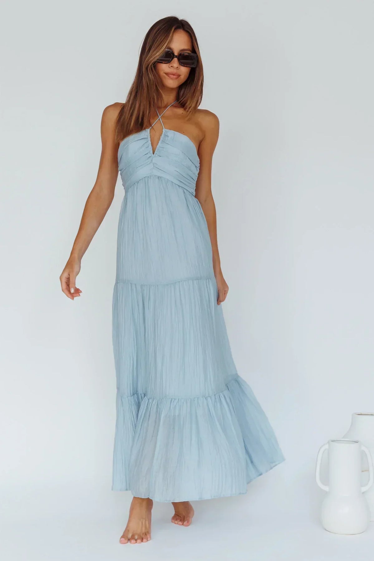 Ruched Halter Neck Keyhole Tiered Maxi Dress 6