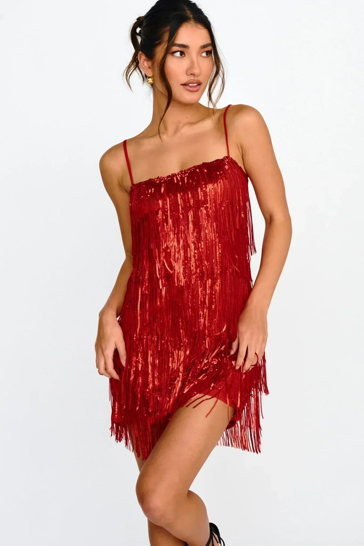 Sequin Fringe Spaghetti Strap Straight Neck Party Mini Dress