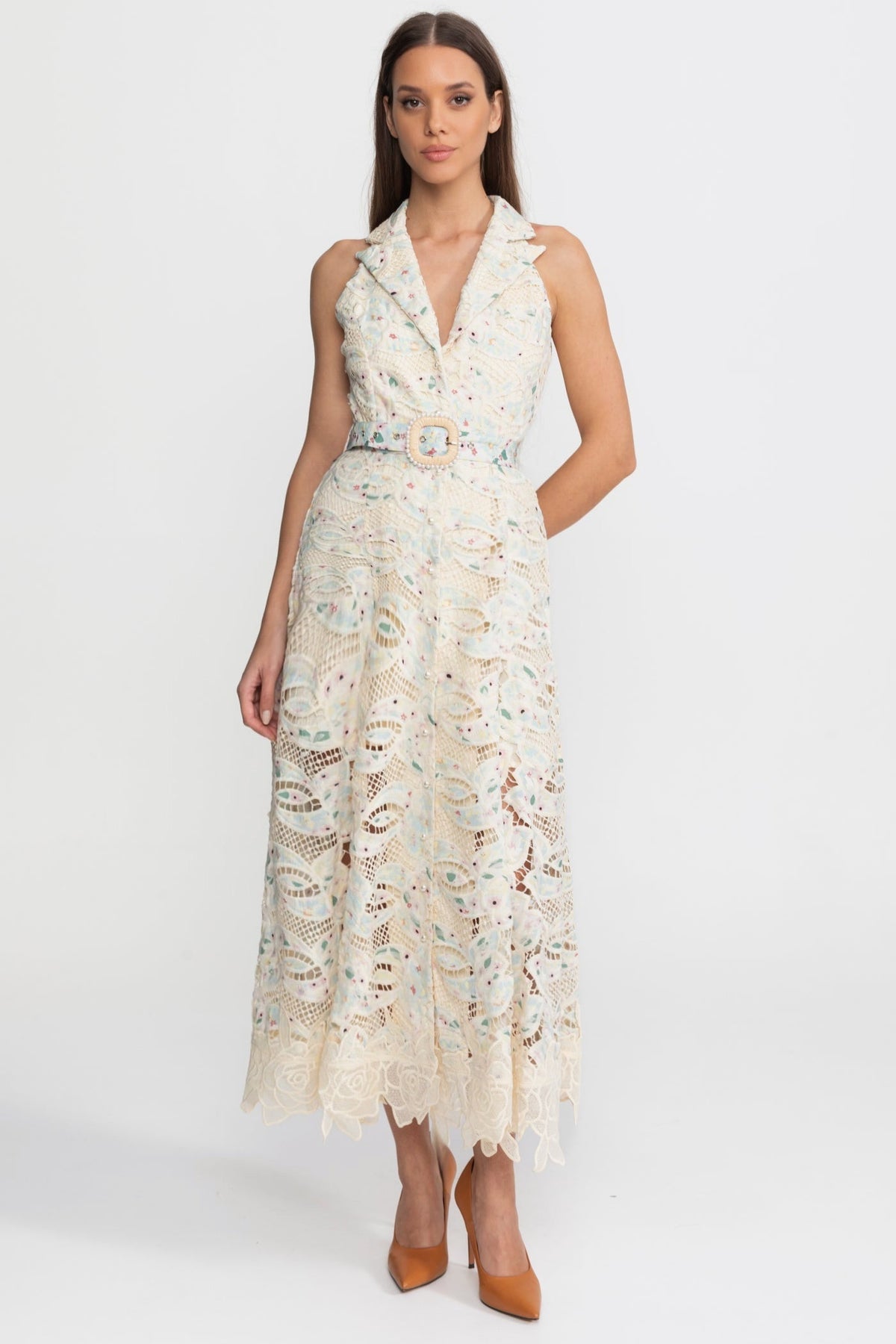 Cut Out Lace Notched Collar Sleeveless Belted Scalloped Hem Midi Dress 3