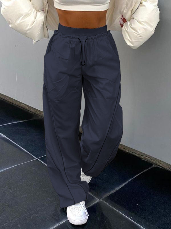 Elastic Drawstring Waist Contrast Piping Wide Leg Parachute Pants 44