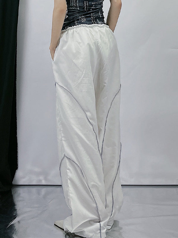 Elastic Drawstring Waist Contrast Piping Wide Leg Parachute Pants 32