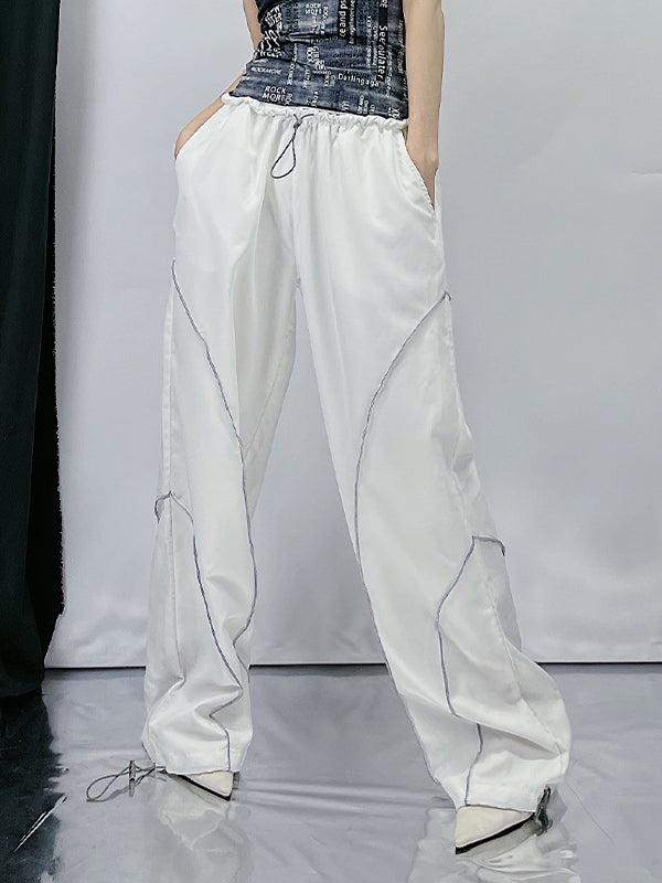 Elastic Drawstring Waist Contrast Piping Wide Leg Parachute Pants 5