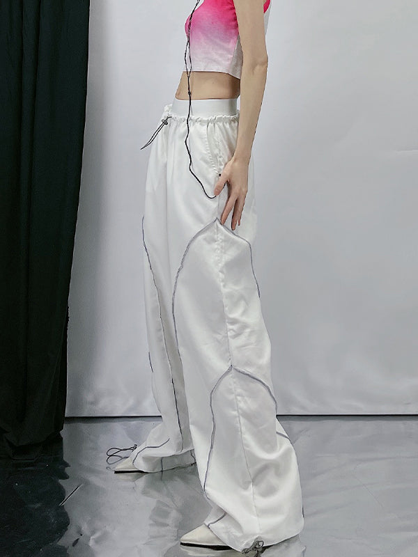 Elastic Drawstring Waist Contrast Piping Wide Leg Parachute Pants 34