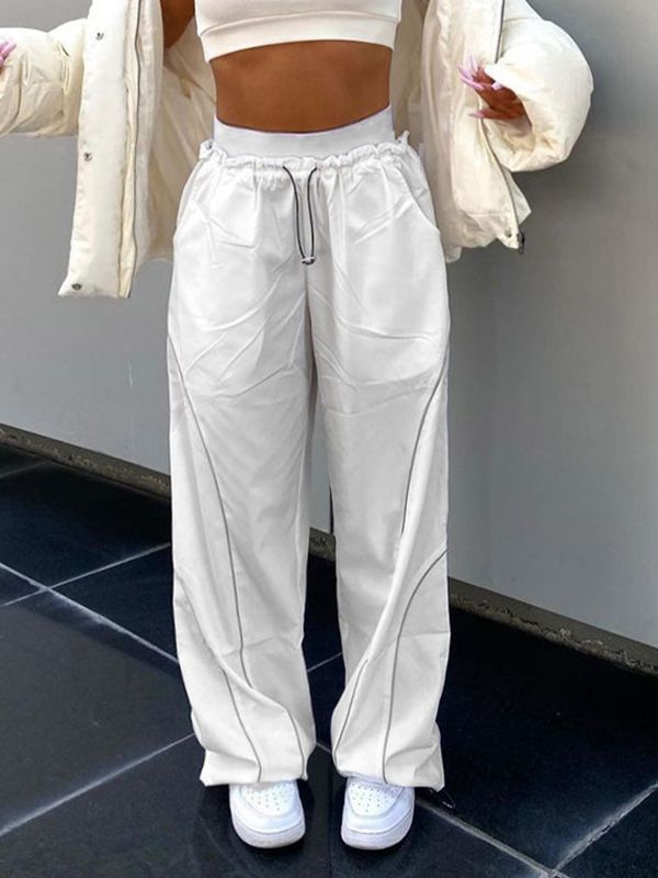 Elastic Drawstring Waist Contrast Piping Wide Leg Parachute Pants 39