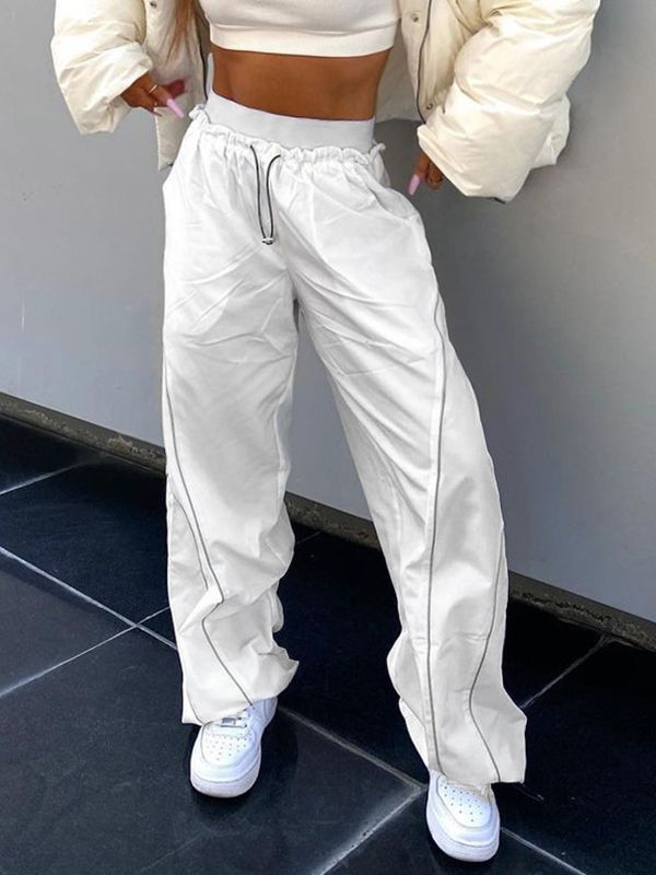 Elastic Drawstring Waist Contrast Piping Wide Leg Parachute Pants 3