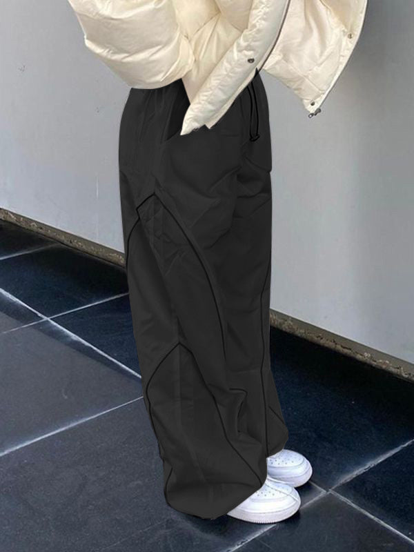 Elastic Drawstring Waist Contrast Piping Wide Leg Parachute Pants 15