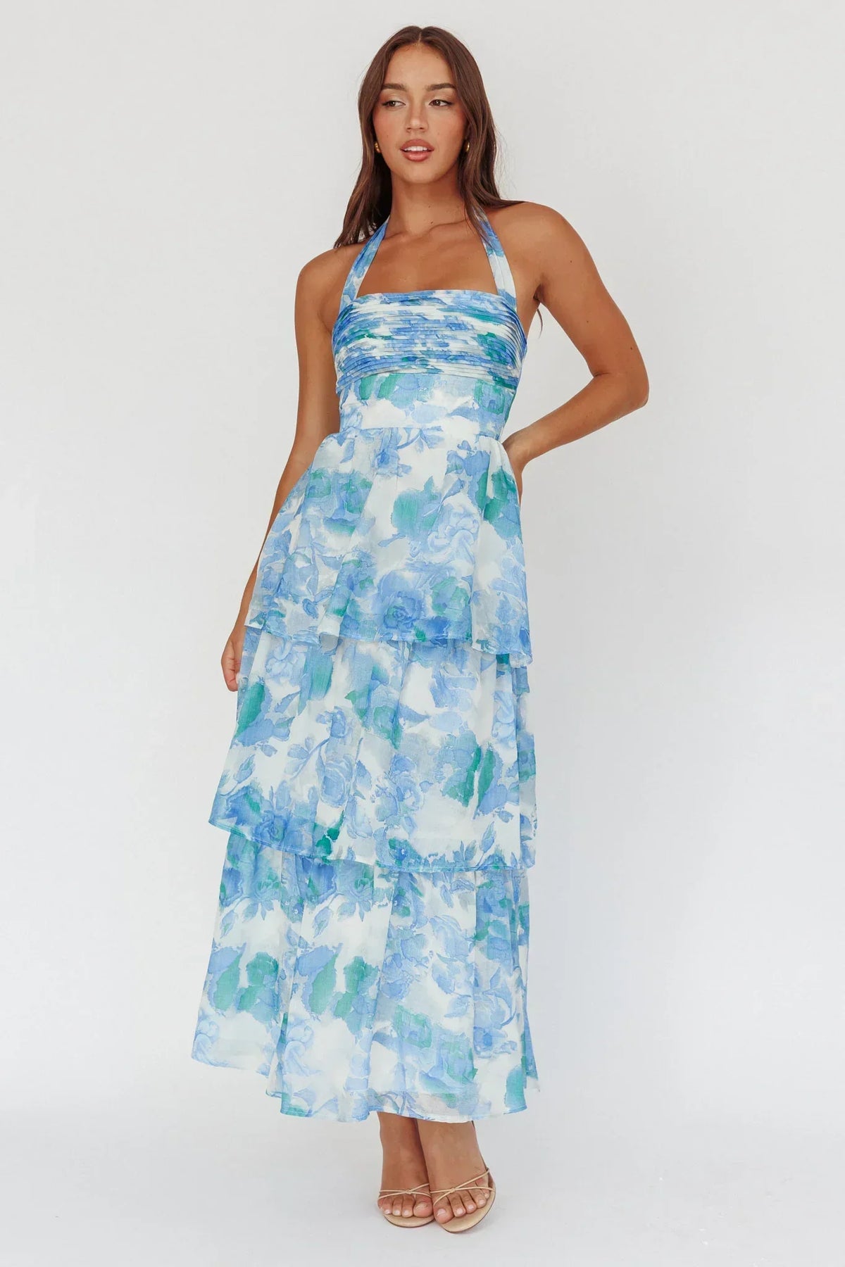 Seascape Halterneck Layered Maxi Dress Floral Blue