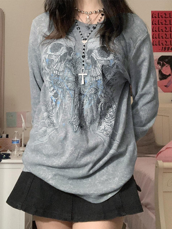 Skull and Cross Graphic Print Long Sleeve Waffle Knit Oversized Top